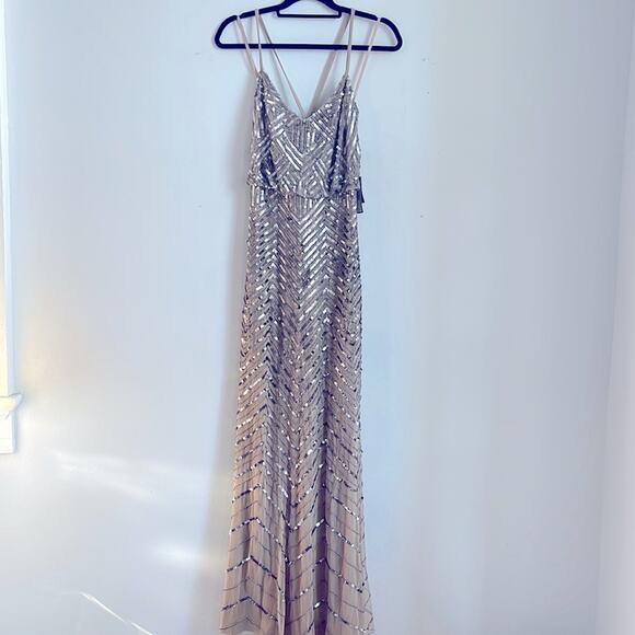 NWT Adrianna Papell nude sequin beaded blouson crossback gown sz 8M - Picture 1 of 6